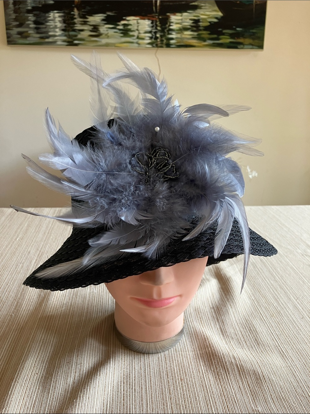 Elegant Black Bucket Hat with Gray Feather Trim